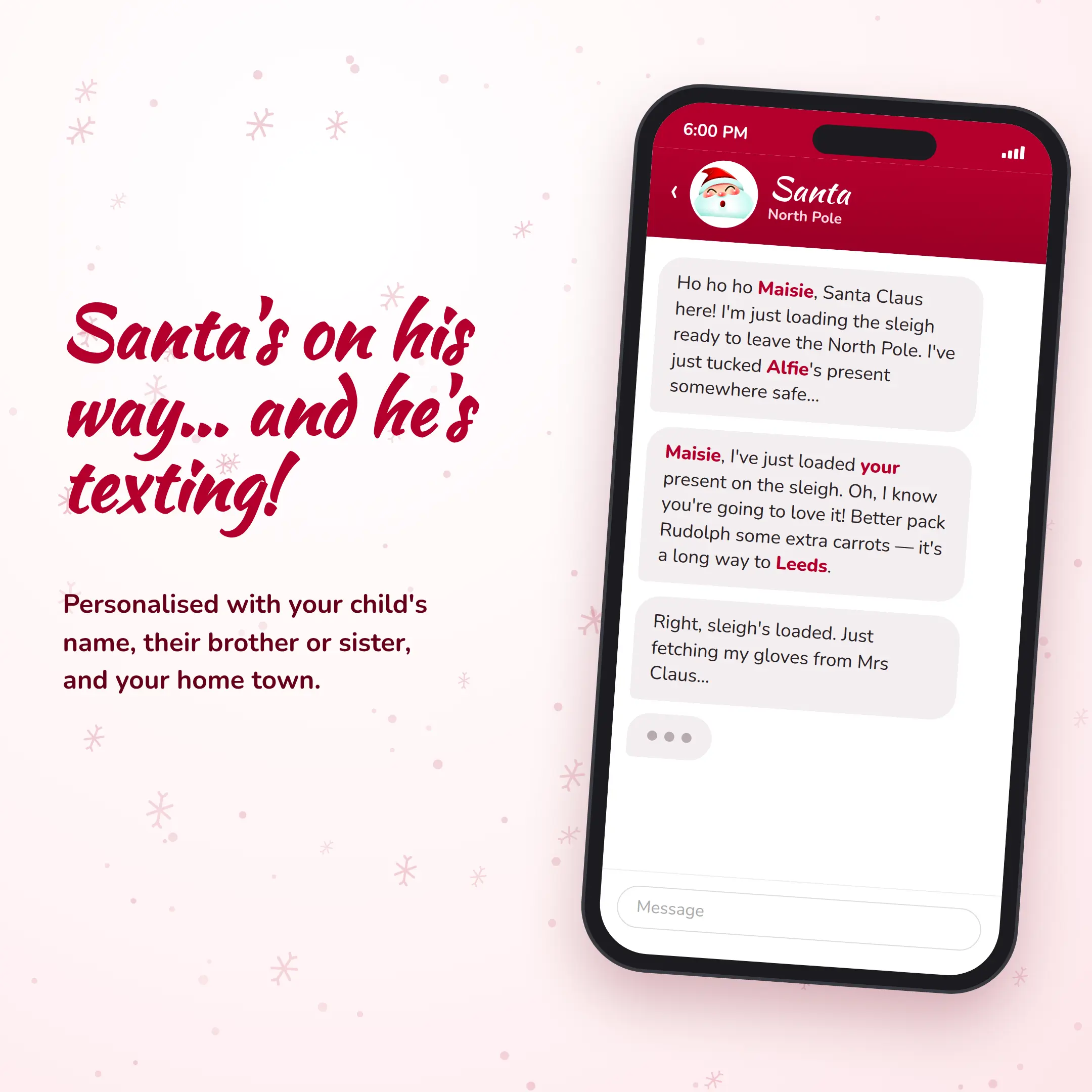 Mobile phone screen showing personalised text messages alert from Father Christmas.